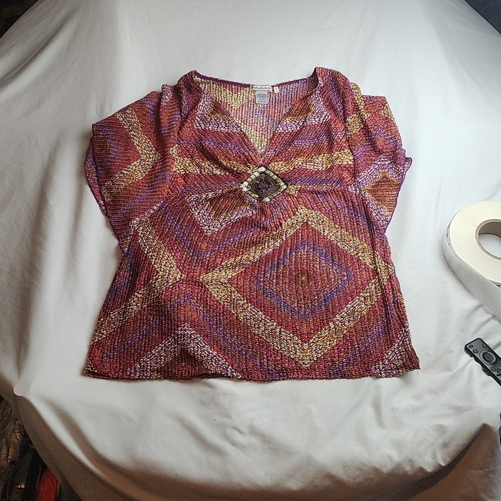Soulmates V-Neck Knit Top Chevron Beaded Multicolor Women's Size 2X